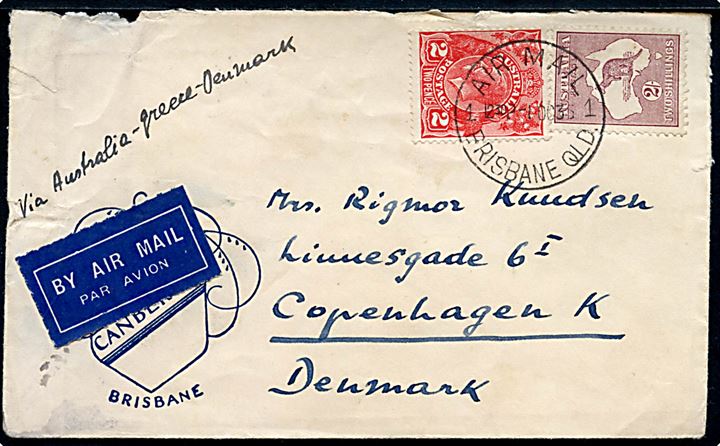 2 c. George og 2 sh. Kænguru på luftpostbrev påskrevet Via Australia-Greece-Denmark annulleret Air Mail Brisbane Qld. d. 1.10.1935 via Athen og bureau København-Warnemünde T.100 til København, Danmark.
