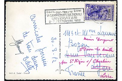 20 l. AMG-FTT Provisorium på brevkort fra Trieste d. 30.8.1952 til Lyon, Frankrig - eftersendt.