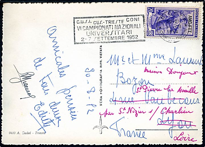 20 l. AMG-FTT Provisorium på brevkort fra Trieste d. 30.8.1952 til Lyon, Frankrig - eftersendt.