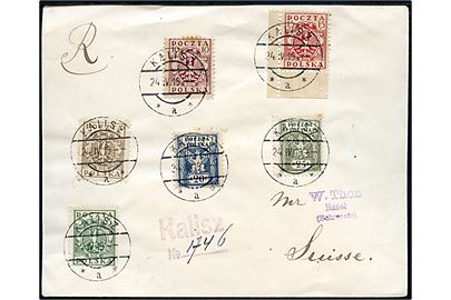 3 f., 5 f., 10 f., 15 f., 20 f. og 25 f. Nordpolen udg. på filatelistisk anbefalet brev fra Kalisz d. 24.4.1919 til Basel, Schweiz.