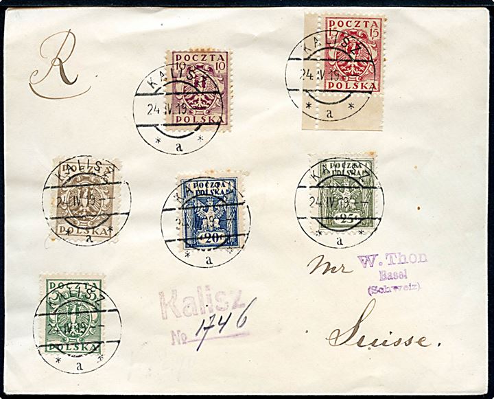 3 f., 5 f., 10 f., 15 f., 20 f. og 25 f. Nordpolen udg. på filatelistisk anbefalet brev fra Kalisz d. 24.4.1919 til Basel, Schweiz.