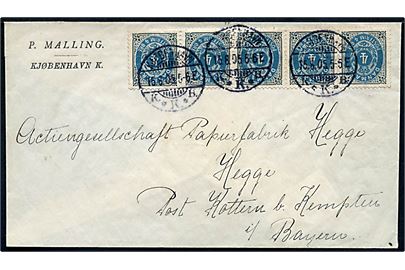 4 øre Tofarvet i vandret 5-stribe på brev fra Kjøbenhavn d. 15.8.1905 til Kempten, Bayern, Tyskland.