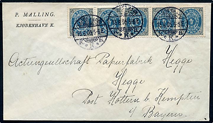 4 øre Tofarvet i vandret 5-stribe på brev fra Kjøbenhavn d. 15.8.1905 til Kempten, Bayern, Tyskland.