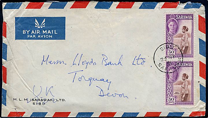 50 c. George VI i parstykke på luftpostbrev fra Sibu Sarawak d. 23.5.1951 til Torquay, Devon, England.