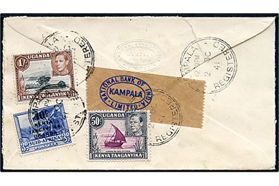 50 c., 1 sh. George VI og 10 c. Kenya Tanganyika Uganda/3d South Africa Provisorium på anbefalet brev fra Kampala Uganda d. 2.10.1941 til England. Åbnet 3 sider.