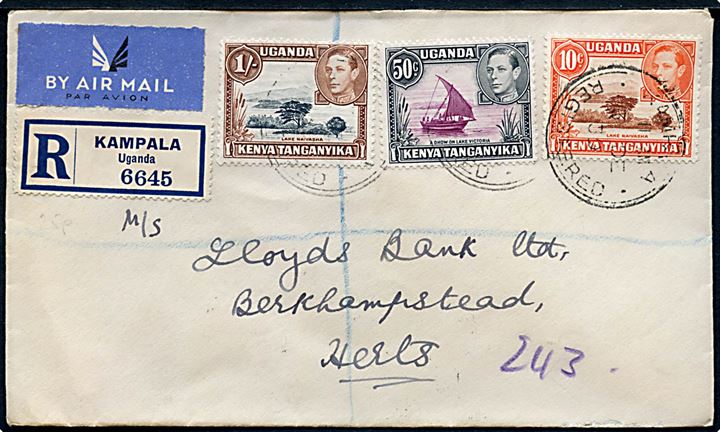 10 c., 50 c. og 1 sh. George VI på anbefalet luftpostbrev fra Kampala Uganda d. 3.12.1939 til England.