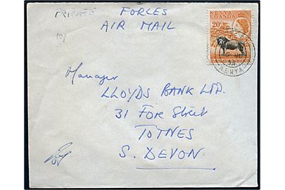 20 c. Elizabeth på Forces Air Mail brev fra Nyeri Kenya d. 15.6.1955 til Totnes, England. På bagsiden stort militært stempel: 3rd (Kenya) Battalion / The Kings African Rifles d. 14.6.1955. Interessant brev fra Mau Mau-oprøret i Kenya.
