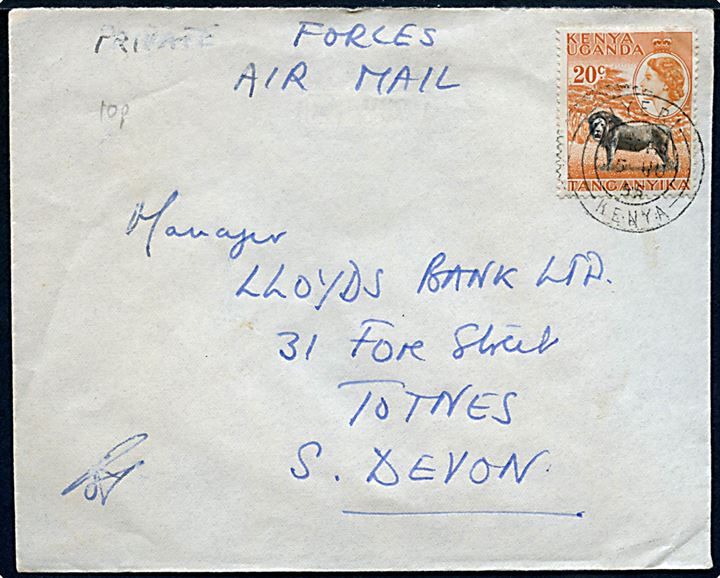 20 c. Elizabeth på Forces Air Mail brev fra Nyeri Kenya d. 15.6.1955 til Totnes, England. På bagsiden stort militært stempel: 3rd (Kenya) Battalion / The Kings African Rifles d. 14.6.1955. Interessant brev fra Mau Mau-oprøret i Kenya.