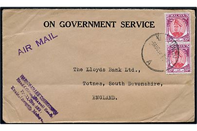 35 c. i parstykke på On Government Service kuvert fra War Damage Commission sendt som luftpost fra Kuala Lumpure d. 9.8.1953 til Totnes, England.