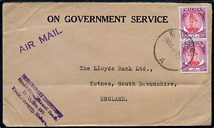 35 c. i parstykke på On Government Service kuvert fra War Damage Commission sendt som luftpost fra Kuala Lumpure d. 9.8.1953 til Totnes, England.