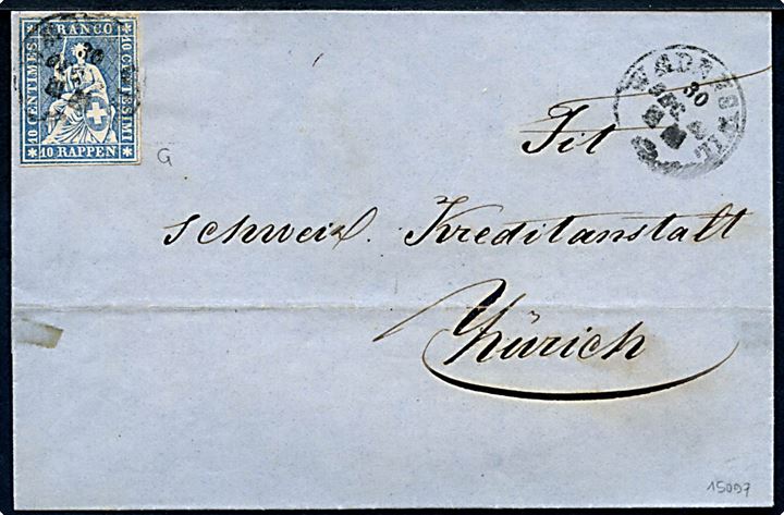 10 rp. Helvetia på brev fra Wadensweil d. 30.12.1859 til Zürich.