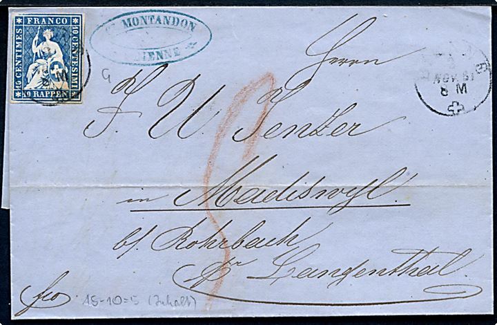 10 rp. Helvetia på brev fra Bienne d. 1.11.1861 til Langenthal. 