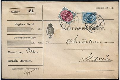 4 øre og 12 øre Tofarvet omv. rm. på 16 øre frankeret adressebrev for pakke fra Nakskov d. 31.12.1899 til Maribo.