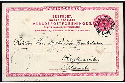 10 öre Tre Kroner helsagsbrevkort fra Helsingborg d. 3.9.1894 til Reykjavik, Island. Ank.stemplet i Reykjavik d. 6.10.1894.