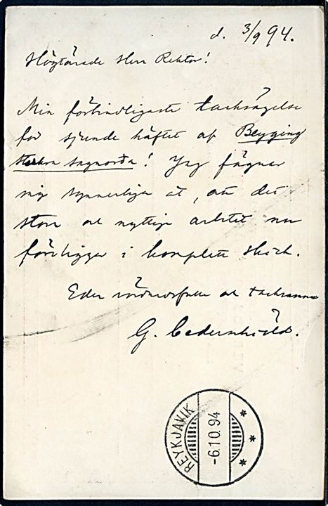 10 öre Tre Kroner helsagsbrevkort fra Helsingborg d. 3.9.1894 til Reykjavik, Island. Ank.stemplet i Reykjavik d. 6.10.1894.