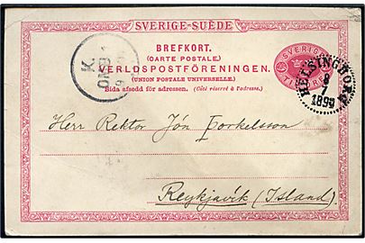 10 öre Tre Kroner helsagsbrevkort fra Helsingborg d. 8.7.1894 via Kjøbenhavn d. 9.7.1894 til Reykjavik, Island. Ank.stemplet i Reykjavik d. 7.8.1894.