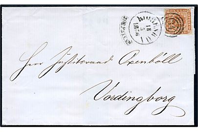 4 sk. 1854 udg. tæt klippet på brev annulleret med kombineret nr.-stempel 34/KIØBENHAVN/JRB.PST.EXP - såkaldte Pølse-stempel - d. 18.5.1856 til Vordingborg.