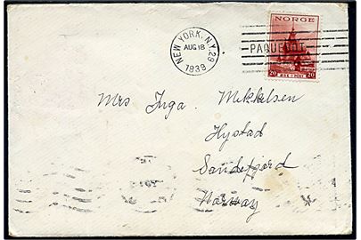 20 øre Turist udg. på fortrykt Norsk Amerika Linie kuvert med indhold skrevet ombord på M/S Oslofjord d. 14.8.1939 annulleret med amerikansk skibsstempel New York N.Y. 29 /Paquebot d. 18.8.1939 til Sandfjord, Norge.