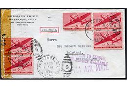 6 cents Transport (5) på luftpostbrev fra New York d. 23.2.1943 til Balsthal, Schweiz. Åbnet af amerikansk censur no. 6474 og returneret med stempel Return to sender, no service available.