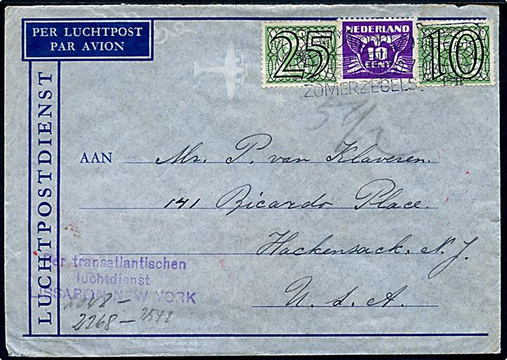 10 c. (2) og 25 c. på 45 c. frankeret luftpostbrev fra Rotterdam d. 30.7.1941 til Hackensack, N.J., USA. Violet stempel Per transatlantischen Luchdienst LISSABON - NEW YORK. Åbnet af tysk censur.