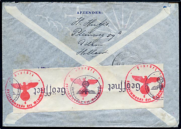 10 c. (2) og 25 c. på 45 c. frankeret luftpostbrev fra Rotterdam d. 30.7.1941 til Hackensack, N.J., USA. Violet stempel Per transatlantischen Luchdienst LISSABON - NEW YORK. Åbnet af tysk censur.