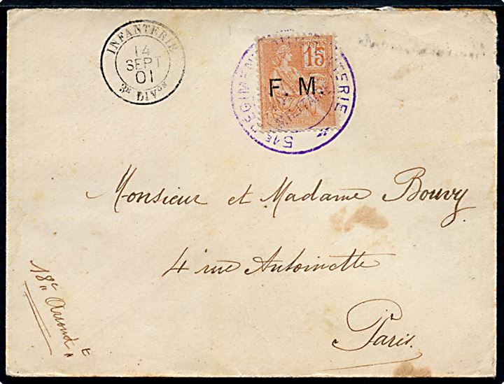 15 c. F.M. Soldater-frimærke på brev annulleret med afd.-stempel fra 51e Regiment Infanterie og sidestemplet Infanterie 3e DIVon d. 14.9.1901 til Paris.