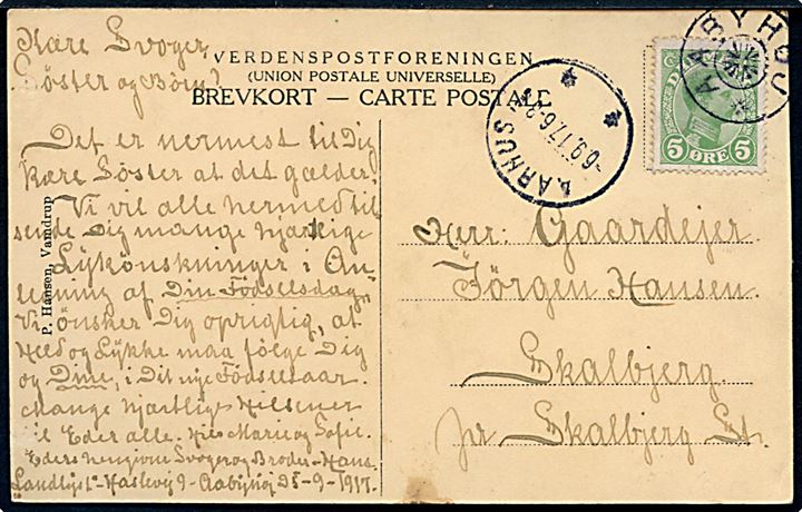 5 øre Chr. X på brevkort (Strandvejen Aarhus) annulleret med stjernestempel AABYHØJ og sidestemplet Aarhus d. 6.9.1917 til Skalborg.
