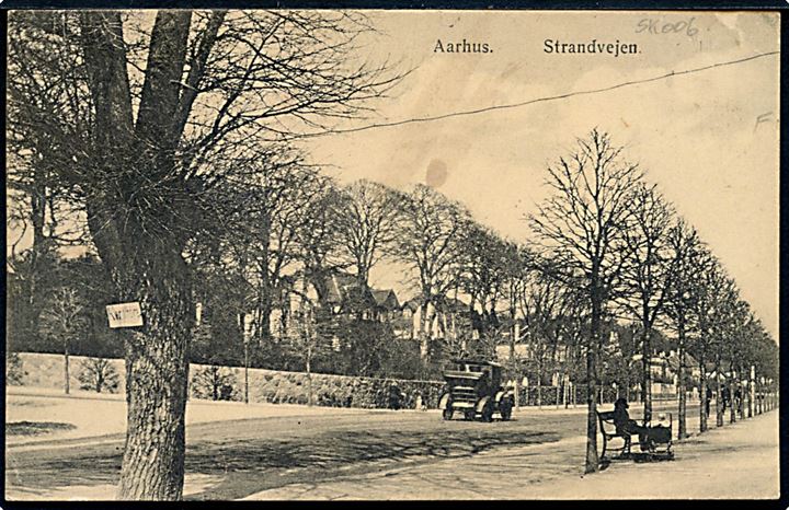 5 øre Chr. X på brevkort (Strandvejen Aarhus) annulleret med stjernestempel AABYHØJ og sidestemplet Aarhus d. 6.9.1917 til Skalborg.