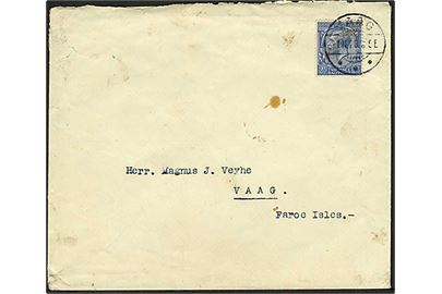 Engelsk 2½d George V på brev fra Leith annulleret med færøsk brotype Ia stempel Vaag d. 1.11.1928 til Vaag, Færøerne.