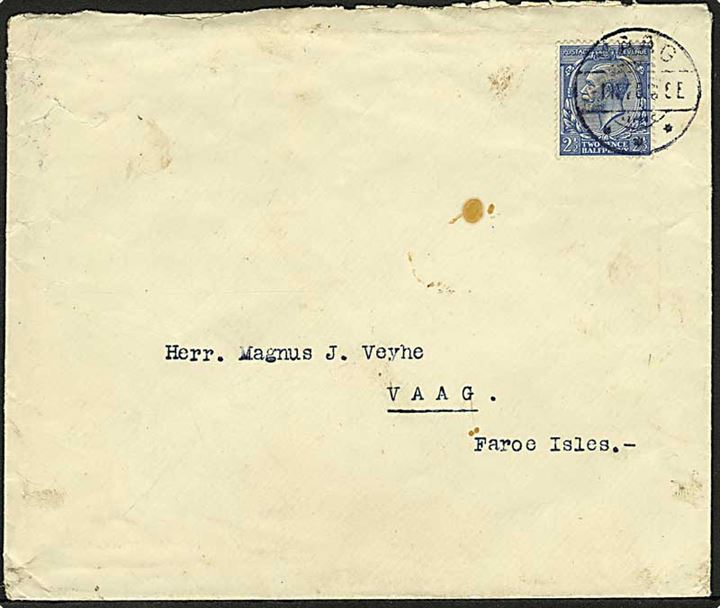 Engelsk 2½d George V på brev fra Leith annulleret med færøsk brotype Ia stempel Vaag d. 1.11.1928 til Vaag, Færøerne.