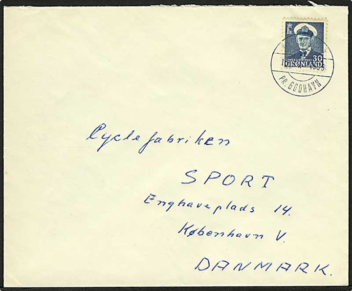 30 øre Fr. IX på brev annulleret med pr.-stempel Diskofjord pr. Godhavn d. 14.7.1959 til København.