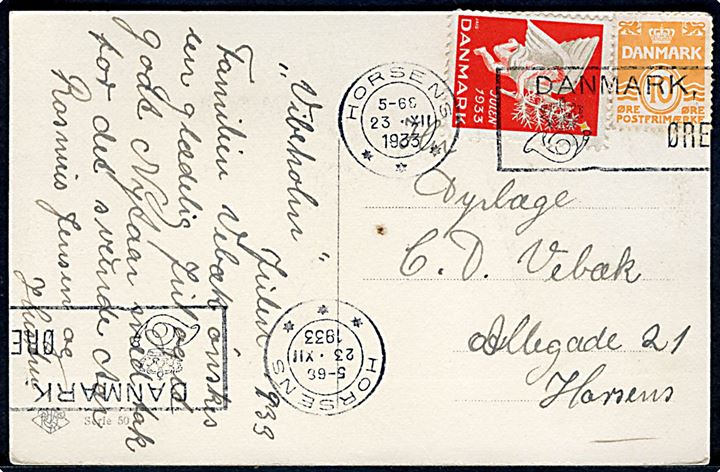 10 øre Bølgelinie og Julemærke 1933 på lokalt julekort annulleret med posthusfranko stempel uden valør i Horsens d. 23.12.1933. Stempel benyttet som reservestempel i juleperioden.