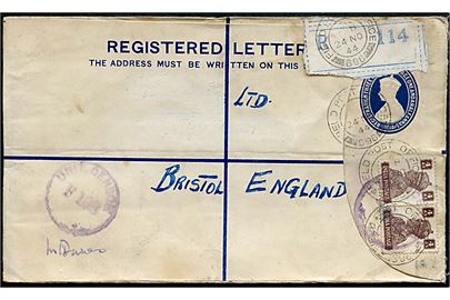George VI anbefalet helsagskuvert opfrankeret med 4 as. George VI i parstykke sendt som luftpost fra britisk Field Post Office 696 (Arakan, Burma) d. 24.11.1944 til Bristol, England. Unit censor no. 108.