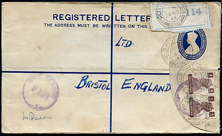 George VI anbefalet helsagskuvert opfrankeret med 4 as. George VI i parstykke sendt som luftpost fra britisk Field Post Office 696 (Arakan, Burma) d. 24.11.1944 til Bristol, England. Unit censor no. 108.