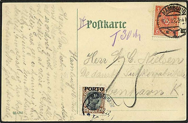 Tysk 3 mk. single på underfrankeret brevkort fra Hamburg d. 10.7.1922 til København, Danmark. Udtakseret i porto med 25 øre Porto-provisorium stemplet Kjøbenhavn d. 11.7.1922.