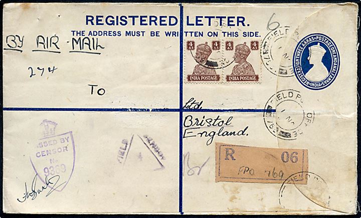 George VI anbefalet helsagskuvert opfrankeret med 4 as. George VI i parstykke sendt som luftpost fra britisk Field Post Office 769 (Arakan, Burma) d. 1.11.1944 til Bristol, England. Indisk Field Censor no. 4 og britisk unit censor no. 9369.