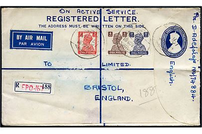 George VI anbefalet helsagskuvert opfrankeret med 2 as., 4 as. og 8 as. George VI sendt som luftpost fra indisk feldpostkontor F.P.O. 167 (= Ramu, India) d. 18.11.1944 til Bristol, England. Unit censur A197.