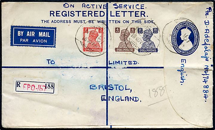 George VI anbefalet helsagskuvert opfrankeret med 2 as., 4 as. og 8 as. George VI sendt som luftpost fra indisk feldpostkontor F.P.O. 167 (= Ramu, India) d. 18.11.1944 til Bristol, England. Unit censur A197.