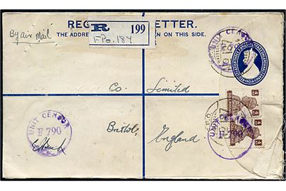 George VI anbefalet helsagskuvert opfrankeret med 4 as. George VI i parstykke sendt som luftpost fra indisk feldpostkontor F.P.O. 187 (= Cox's Bazar, India) d. 10.12.1944 til Bristol, England. Unit censur F790.