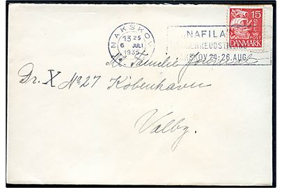 15 øre Karavel på brev annulleret med TMS Nakskov *** / NAFILA Frimærkeudstilling i Nakskov 24.-26.Aug. d. 6.7.1935 til København Valby.