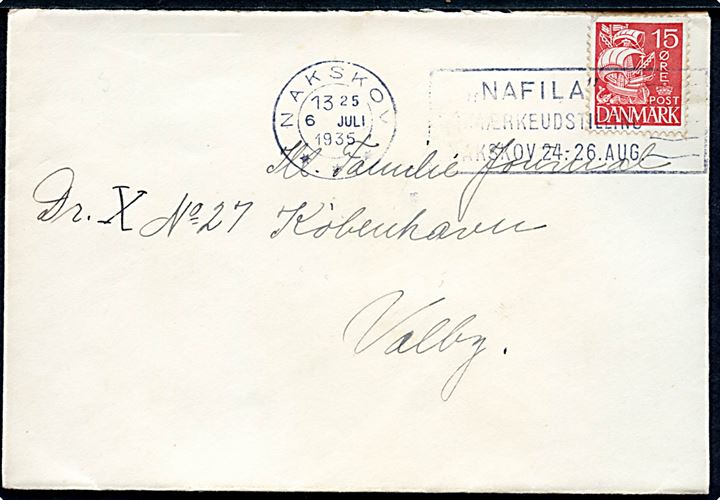 15 øre Karavel på brev annulleret med TMS Nakskov *** / NAFILA Frimærkeudstilling i Nakskov 24.-26.Aug. d. 6.7.1935 til København Valby.