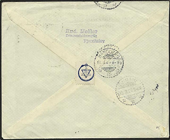 10 øre Bølgelinie og 30 øre Chr. X på brev fra Fjerritslev d. 8.2.1923 til dansk militærlæge i Hollandsk Ostindien. Eftersendt flere gange.