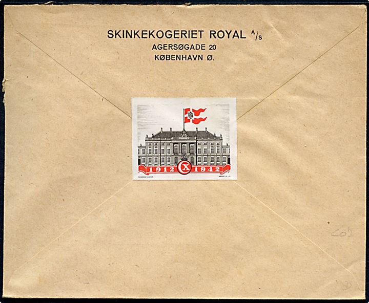 10 øre Bølgelinie med perfin C.B. (= Copenhagen Preserved Butter Company) på firmakuvert fra Skinkekogeriet Royal A/S sendt lokalt i København d. 11.5.1942 til Dansk Røde Kors.