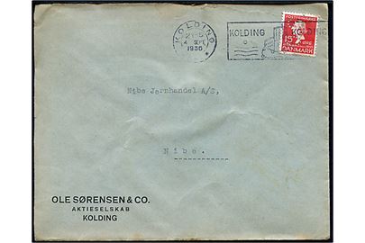 15 øre H. C. Andersen med perfin O.S. på brev fra firma Ole Sørensen & Co i Kolding d. 4.9.1936 til Nibe.
