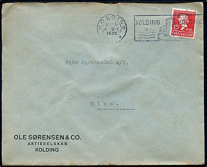 15 øre H. C. Andersen med perfin O.S. på brev fra firma Ole Sørensen & Co i Kolding d. 4.9.1936 til Nibe.