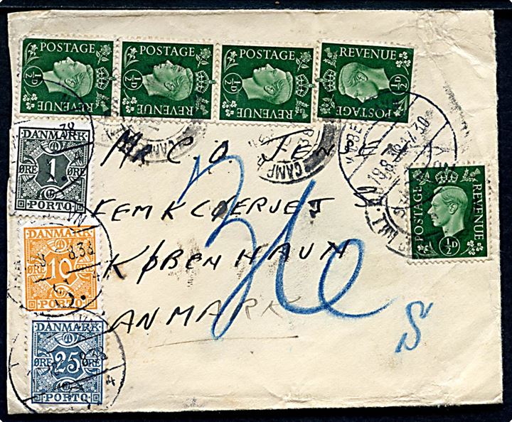½d George VI (5) på underfrankeret brev fra Camp Hill ... d. 18.8.1938 til København, Danmark. Udtakseret i porto med 1 øre, 10 øre og 25 øre Portomærke stemplet København d. 19.8.1938.