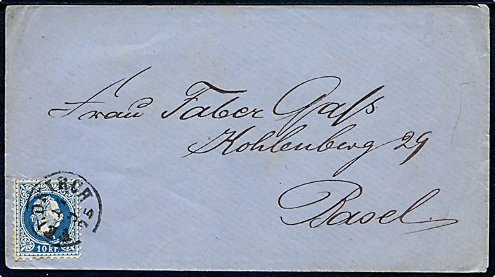 10 kr. Franz Joseph på brev fra Feldkirch d. 14.9.1875 til Basel, Schweiz.