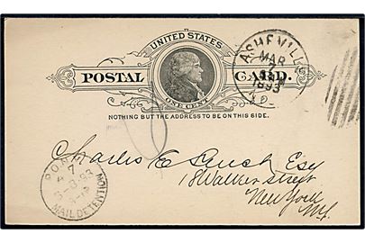 1 cents helsagsbrevkort fra Ashville d. 7.3.1893 til New York. Ank.stemplet P.O.N.Y. Mail Detention d. 8.3.1893.