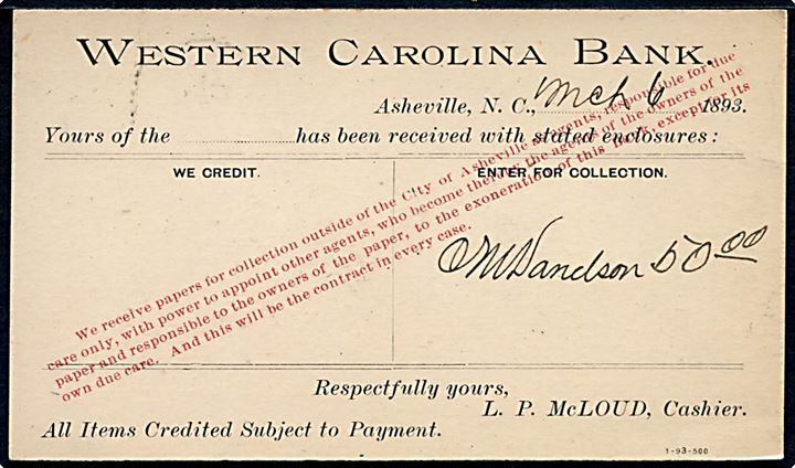 1 cents helsagsbrevkort fra Ashville d. 7.3.1893 til New York. Ank.stemplet P.O.N.Y. Mail Detention d. 8.3.1893.