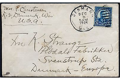 5 cents Roosevelt på brev annulleret Denmark Wis. d. 6.12.1925 til Svenstrup, Danmark.